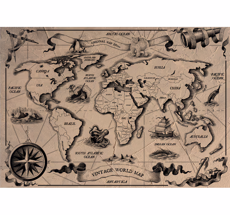 Vintage világtérkép hatás otthoni iroda falfestmény - TenStickers