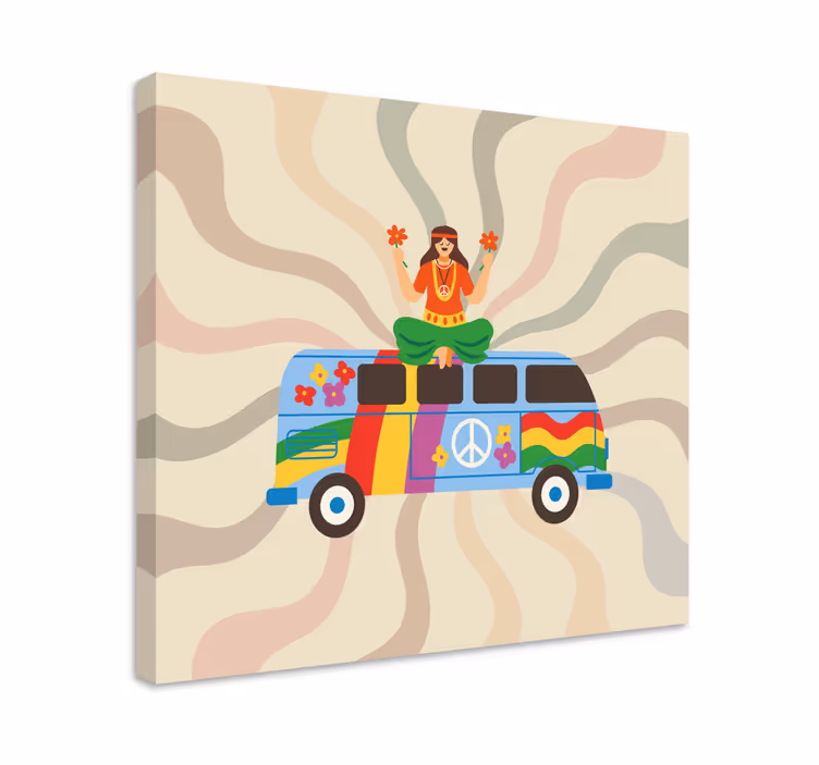 Colorfu hippi lány egy busz retro vászonnal - TenStickers
