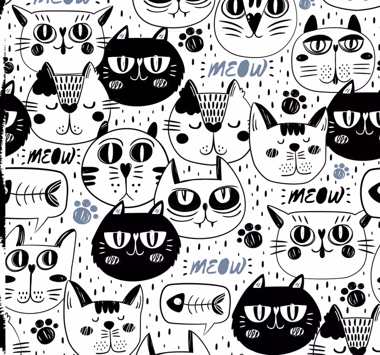 Fekete -fehér macska arcok gyermek tapéta - TenStickers