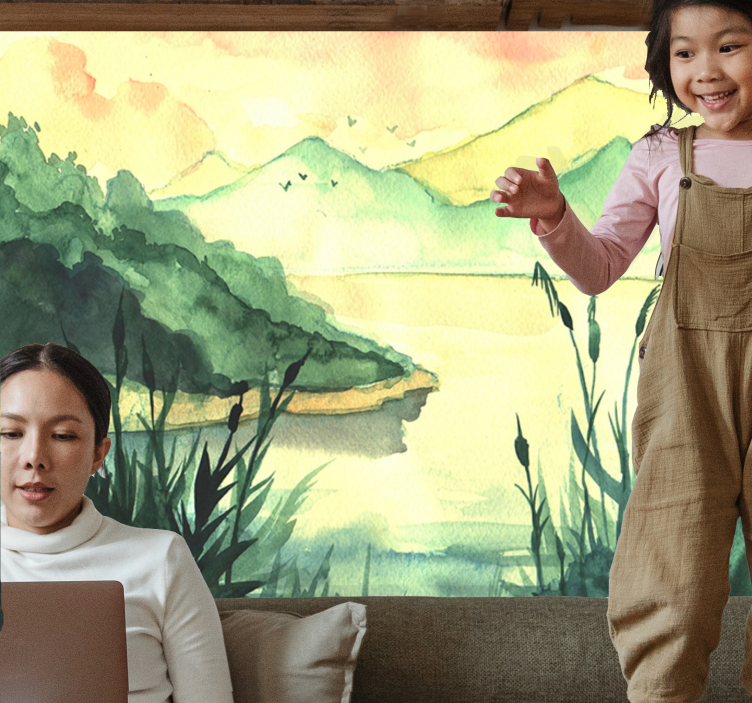 Derűs handrawing táj Tó falfestményei - TenStickers