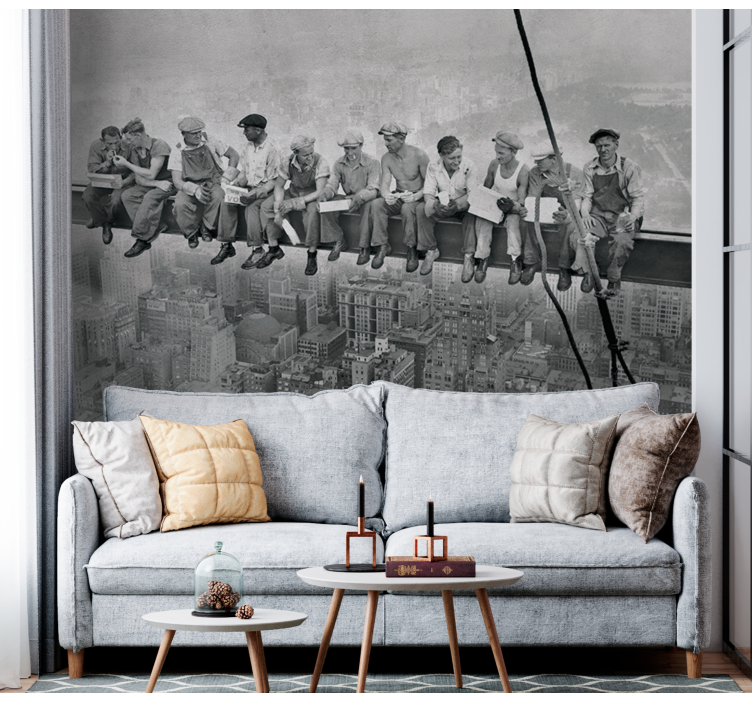 Férfiak felhőkarcoló vintage falfestmény tetején - TenStickers