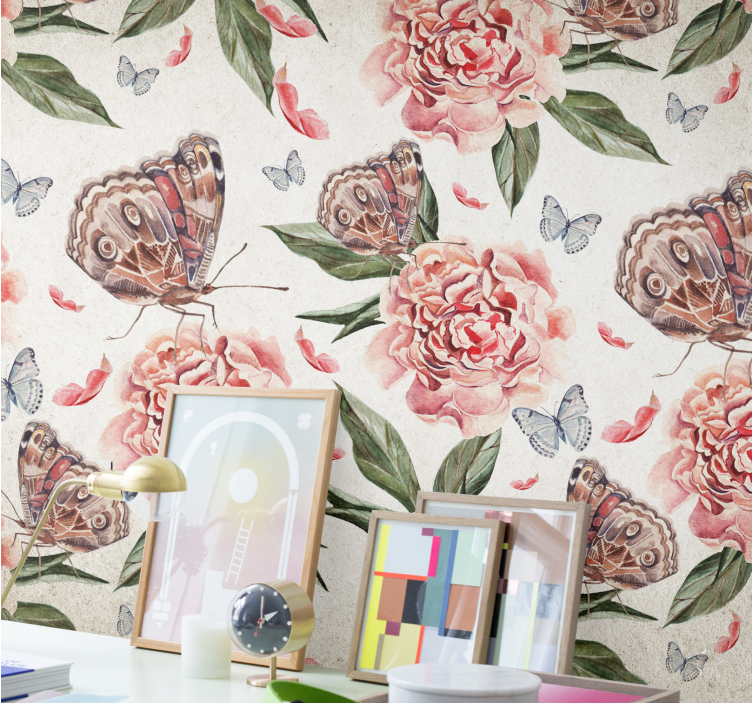 Pillangók és pünkösdi rózsák virág falfestmények - TenStickers