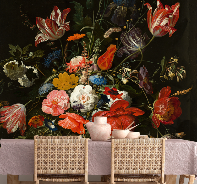 Piros kék és fehér virágok művészeti falfestmény - TenStickers