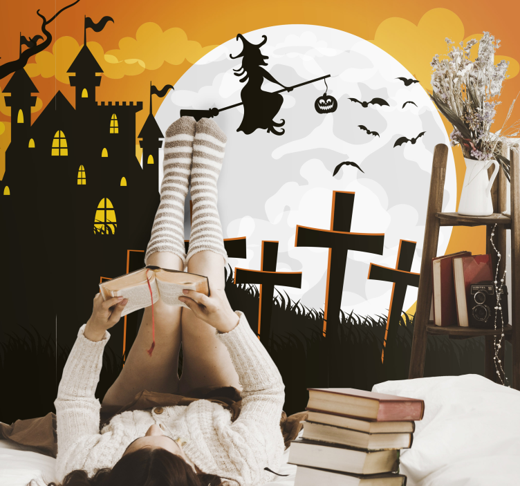 Repülő boszorkány siluett falfestmények halloween - TenStickers