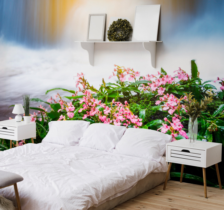 Vízesés rózsaszín virágokkal vízesés falfestmény - TenStickers