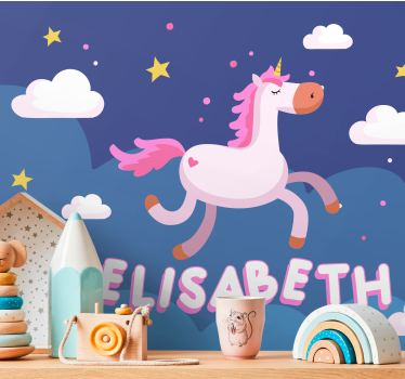 Személyre szabott egyszarvú rózsaszín hajú fantázia falfestmény - TenStickers
