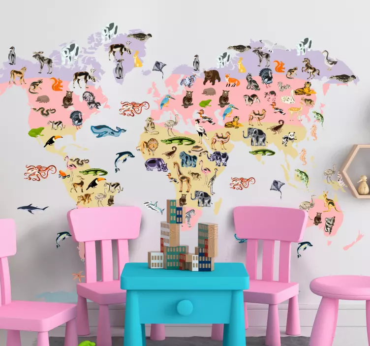 Színes állatok és növények világtérkép matrica - TenStickers