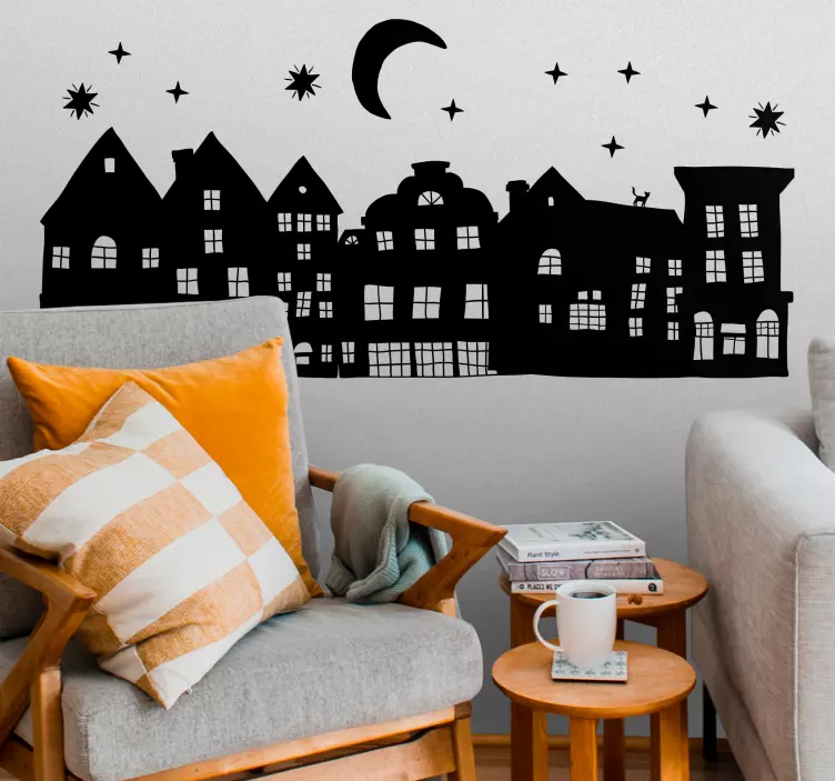 Flamand házak csillagos éjszakai vidéki matricában - TenStickers