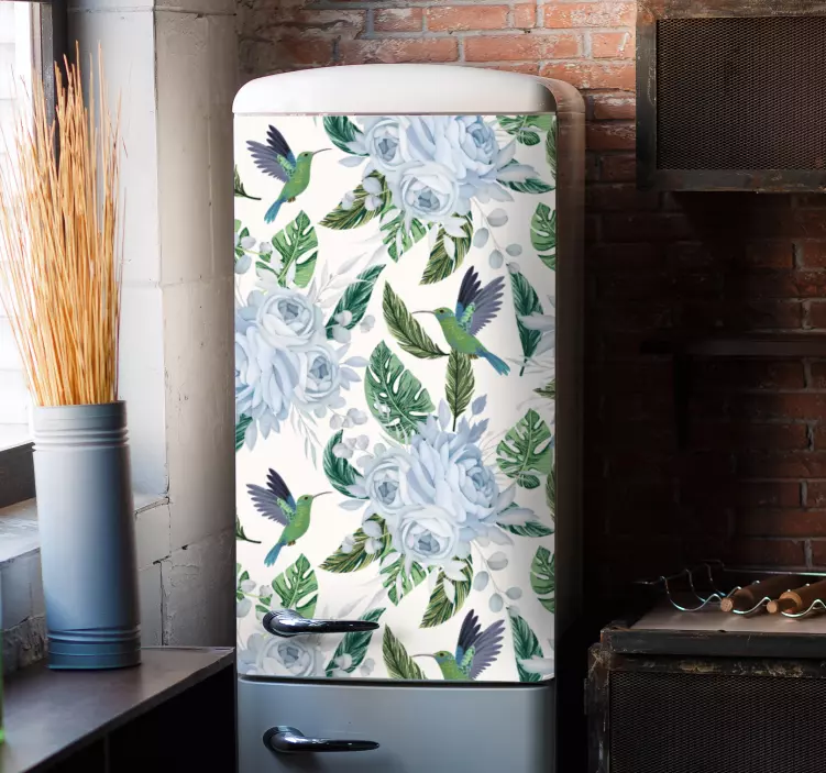 Kék kerti virágok madarak hűtőszekrény matricával - TenStickers