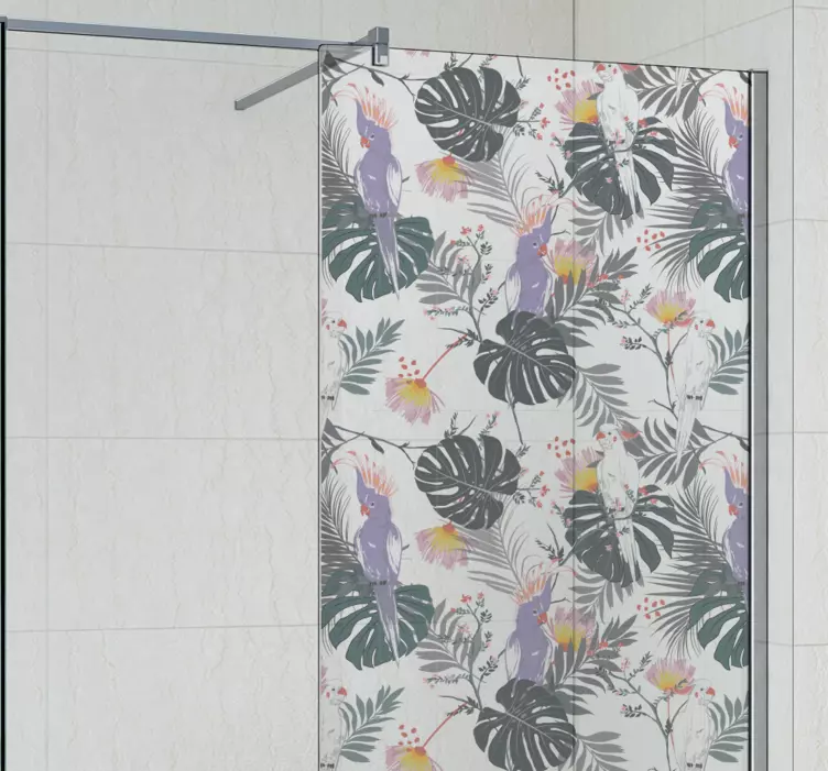 Papagájok a trópusi leveleken zuhany képernyő matrica - TenStickers