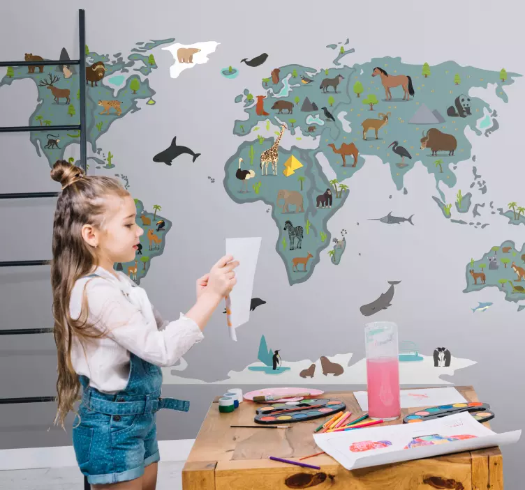 Rajzfilm állatok és fák világtérkép matrica - TenStickers