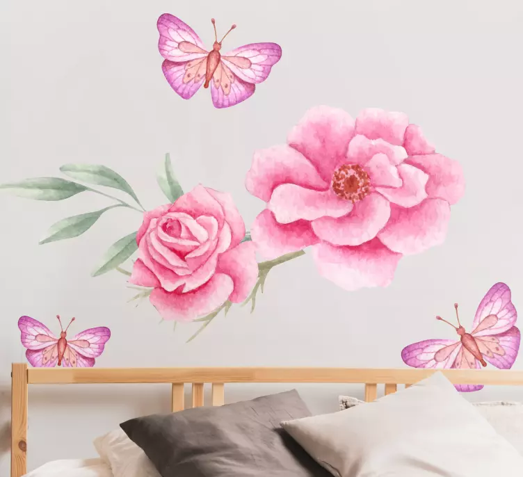 Rózsaszín rózsa és pillangók virág fal matrica - TenStickers