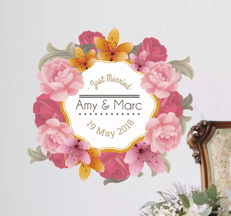 Személyre szabott virágos keret esküvői matrica - TenStickers