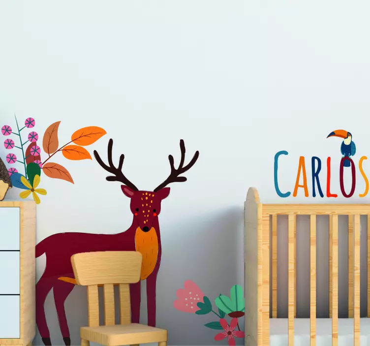 Tenangó szarvas és madár név matricával - TenStickers