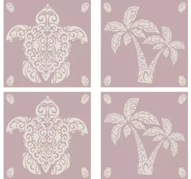 Hawaian teknős és tenyérmintás csempe matrica - TenStickers