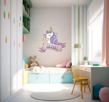Személyre szabott gyerekek neve egyszarvú fal matrica - TenStickers
