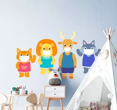 Aranyos állatok arcmaszkot visel gyerekek hálószoba fal matrica - TenStickers
