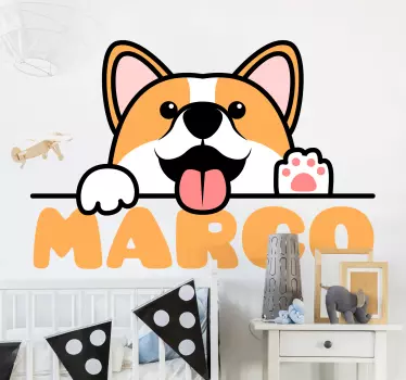 Aranyos corgi kutya mancs név gyerekeknek hálószoba fal matrica - TenStickers