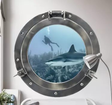 Cápa az ablakon keresztül a halak 3d vizuális effektusok matrica - TenStickers