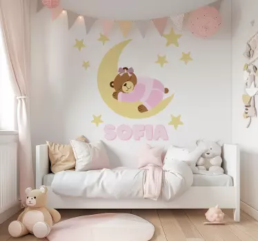 Illusztrációk matrica rózsaszín boldog álmok medve névvel - TenStickers