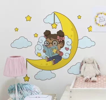 Lány olvasó hold illusztráció fal art matrica - TenStickers