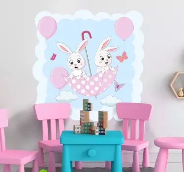 Nyuszik rózsaszín esernyőn és pillangók állati falmatricán - TenStickers