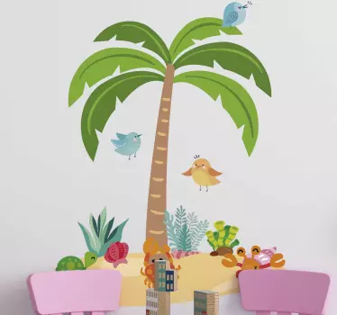 Pálmafa és tengeri állatok fa fal matrica - TenStickers
