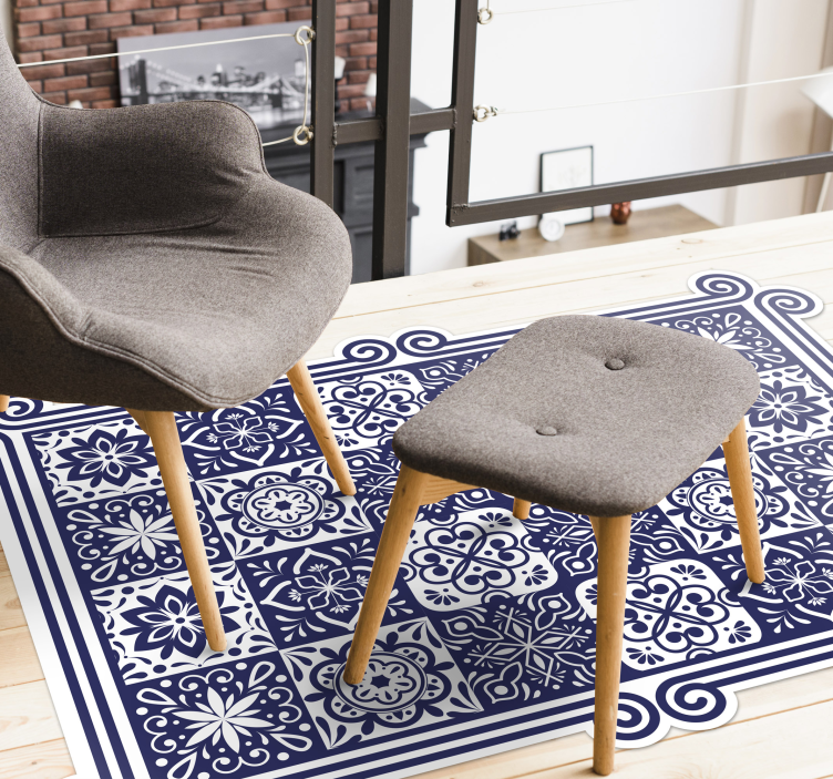 Kék csempe és fehér szalag vinil szoba szőnyeg - TenStickers