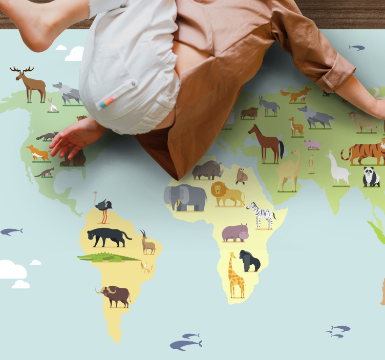Színes állatok kontinensekről világtérkép szőnyeg - TenStickers