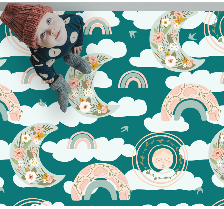 Virágos hold szivárványok vinil szőnyeg gyerekek - TenStickers