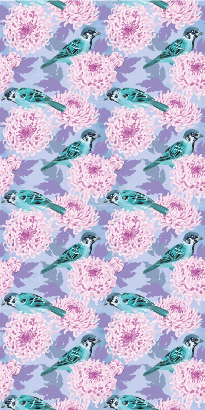 Rózsaszín kerti virágok madarakkal vinil szőnyeg - TenStickers