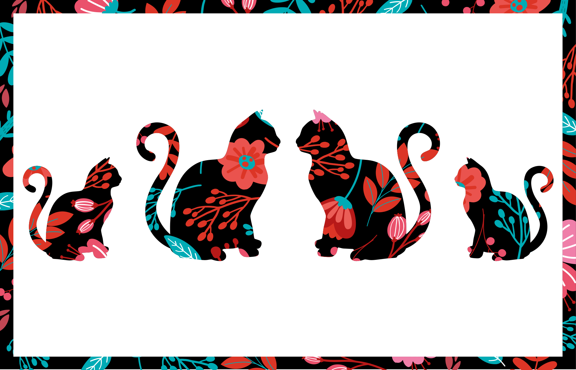 Színes macska sziluettek vinil szőnyeg virágok és növények - TenStickers