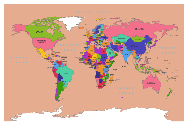 Barnás színű, színes kontinensek térképszőnyeg - TenStickers