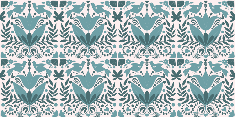 Kék népművészeti minta madarak virágos szőnyeggel - TenStickers