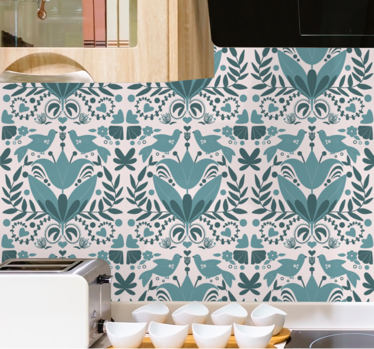 Kék népművészeti mintás madarak virágos tapéta - TenStickers