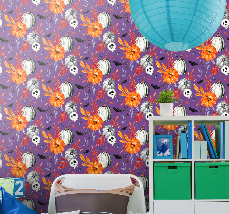 Narancssárga virágos koponyák Tapéta halloween - TenStickers