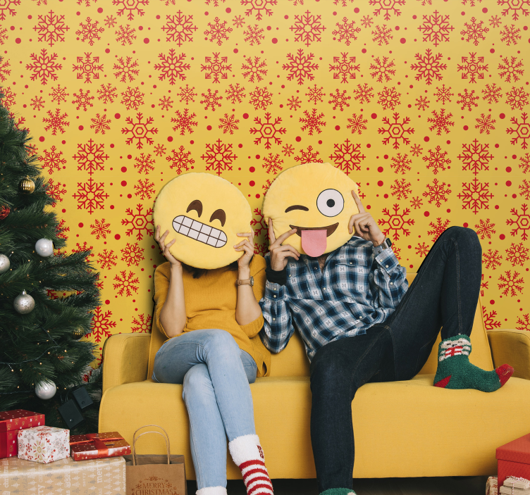 Piros hópelyhek sárga háttéren Tapéta Karácsony - TenStickers