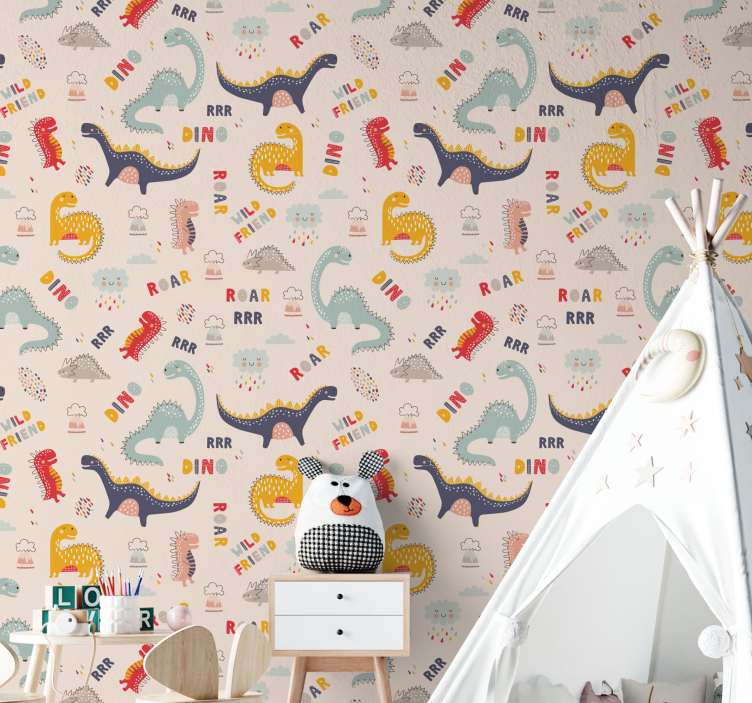 Színes dinoszauruszok nevekkel gyerekek tapéta - TenStickers