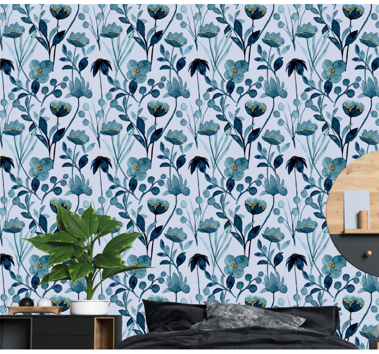 Akvarell kék mintás virág tapéta - TenStickers