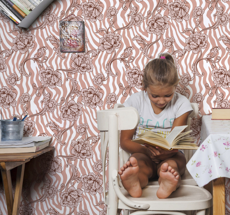 Zebra nyomtatás és díszes virágok tapéta - TenStickers