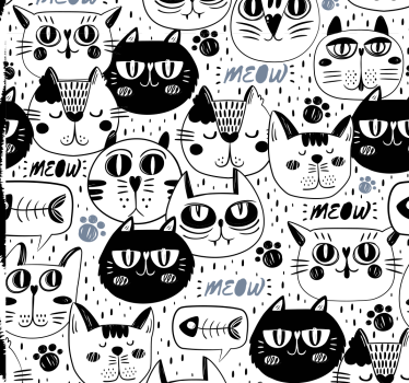 Fekete -fehér macska arcok minta gyerekek tapéta - TenStickers