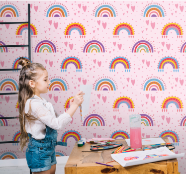 Rózsaszín pöttyök és színes szivárványos gyerekek tapéta - TenStickers