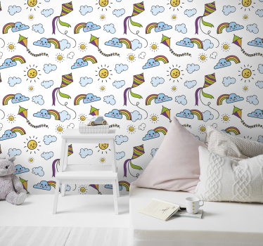 Szivárvány, nap és kite gyerekek háttérkép - TenStickers
