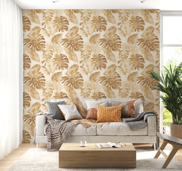Beige nagy levelek mintás tapéta - TenStickers